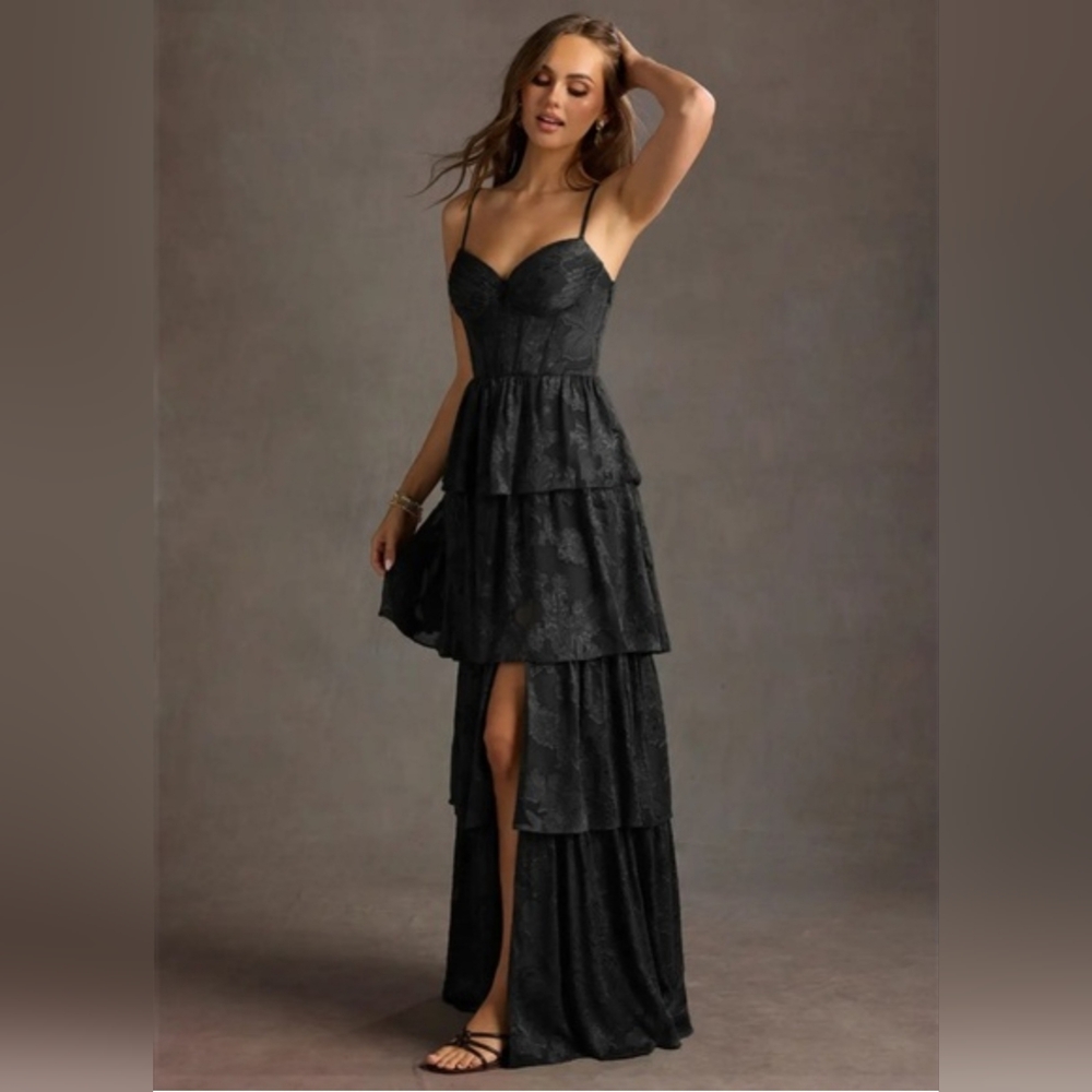 Azazie Black Sexy Leg Slit Corset Maxi Tiered Ruffle Dress Floral Burnout